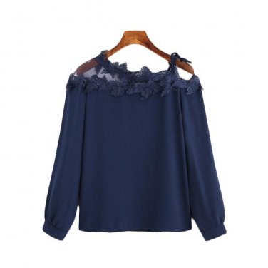 Mesh Panel Crochet Embroidery Asymmetric Cold Shoulder Plain Blouse 2017 Fashion Round Neck Long Sle