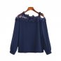 Mesh Panel Crochet Embroidery Asymmetric Cold Shoulder Plain Blouse 2017 Fashion Round Neck Long Sle