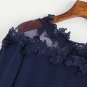 Mesh Panel Crochet Embroidery Asymmetric Cold Shoulder Plain Blouse 2017 Fashion Round Neck Long Sle