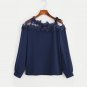 Mesh Panel Crochet Embroidery Asymmetric Cold Shoulder Plain Blouse 2017 Fashion Round Neck Long Sle