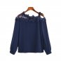 Mesh Panel Crochet Embroidery Asymmetric Cold Shoulder Plain Blouse 2017 Fashion Round Neck Long Sle