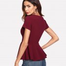 Maroon Ruffle Zipper Side Blouse Solid Round Neck Short Sleeve Top 2018 Summer Women OL Work Blouse