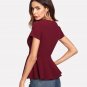 Maroon Ruffle Zipper Side Blouse Solid Round Neck Short Sleeve Top 2018 Summer Women OL Work Blouse