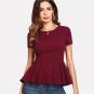 Maroon Ruffle Zipper Side Blouse Solid Round Neck Short Sleeve Top 2018 Summer Women OL Work Blouse