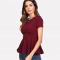 Maroon Ruffle Zipper Side Blouse Solid Round Neck Short Sleeve Top 2018 Summer Women OL Work Blouse