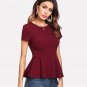 Maroon Ruffle Zipper Side Blouse Solid Round Neck Short Sleeve Top 2018 Summer Women OL Work Blouse