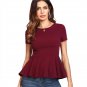 Maroon Ruffle Zipper Side Blouse Solid Round Neck Short Sleeve Top 2018 Summer Women OL Work Blouse