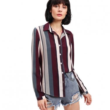 Vertical Striped Curved Hem Shirt Elegant Long Sleeve Autumn Blouse With Button Women Casual OL Styl