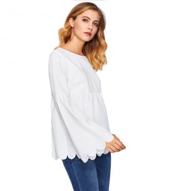 Scallop Edge Flare Sleeve Smock Tunic Blouse 2017 White Round Neck Long Sleeve Elegant Top Women Cut