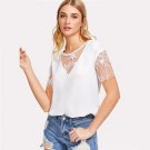 White Mesh Insert Sheer Blouse Solid Round Neck Short Sleeve Top 2018 Summer Women Office Ladies Wor