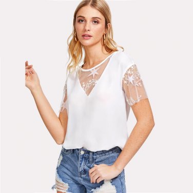 White Mesh Insert Sheer Blouse Solid Round Neck Short Sleeve Top 2018 Summer Women Office Ladies Wor