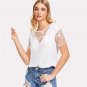 White Mesh Insert Sheer Blouse Solid Round Neck Short Sleeve Top 2018 Summer Women Office Ladies Wor