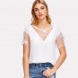 White Mesh Insert Sheer Blouse Solid Round Neck Short Sleeve Top 2018 Summer Women Office Ladies Wor