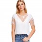 White Mesh Insert Sheer Blouse Solid Round Neck Short Sleeve Top 2018 Summer Women Office Ladies Wor