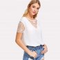 White Mesh Insert Sheer Blouse Solid Round Neck Short Sleeve Top 2018 Summer Women Office Ladies Wor