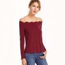 Woman\'s Fashion  Tops European Blouse Burgundy Off The Shoulder Scallop Top Long Sleeve Blouse