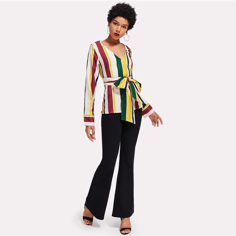 Colorblock V-Neck Blouse Striped Belted Slim Fit Top 2018 Spring Women OL Work Elegant Long Sleeve B