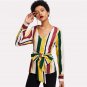 Colorblock V-Neck Blouse Striped Belted Slim Fit Top 2018 Spring Women OL Work Elegant Long Sleeve B