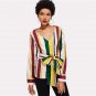 Colorblock V-Neck Blouse Striped Belted Slim Fit Top 2018 Spring Women OL Work Elegant Long Sleeve B