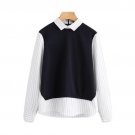 Zip Back Striped 2 In 1 Blouse Women Contrast Collar Long Sleeve Tunic Blouse With Button, Zipper 20