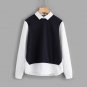 Zip Back Striped 2 In 1 Blouse Women Contrast Collar Long Sleeve Tunic Blouse With Button, Zipper 20