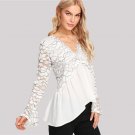 V-Neck Asymmetrical Ruffle Hem Blouse Flare Sleeve Floral Top 2018 Spring Women OL Work Elegant Blou