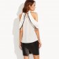 Female White Cold Shoulder Keyhole Back Shirt Business Patchwork Round Neck Short Sleeve Blouse