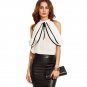 Female White Cold Shoulder Keyhole Back Shirt Business Patchwork Round Neck Short Sleeve Blouse