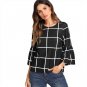 Black and White Plaid Ruffles Blouse Round Neck Three Quarter Length Sleeve Top 2018 Spring Women OL