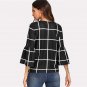 Black and White Plaid Ruffles Blouse Round Neck Three Quarter Length Sleeve Top 2018 Spring Women OL