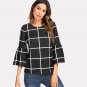 Black and White Plaid Ruffles Blouse Round Neck Three Quarter Length Sleeve Top 2018 Spring Women OL