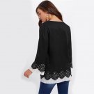 Contrast Pleated Hem Scallop Laser Cut Out Blouse 2017 Round Neck Flounce Sleeve Ruffle Top Ladies E