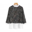 Contrast Frill Trim Patchwork Tweed Blouse 2017 Color Block Long Sleeve Ruffle Blouse Women Casual F