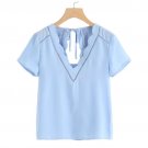 Blue V-Neck Ladder Lace Detail Scallop Blouse Solid Cut Out Short Sleeve Top 2018 Summer Women Work 