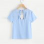 Blue V-Neck Ladder Lace Detail Scallop Blouse Solid Cut Out Short Sleeve Top 2018 Summer Women Work 