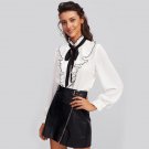 Bow Tie Ruffle Pleated Frill Placket Blouse 2017 Band Collar Long Sleeve Cute Top With Button Ladies