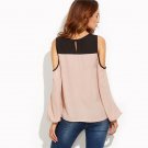 Color Block Cold Shoulder Long Sleeve Shirt Female Autumn Loose Tops Pink and Black Round Neck Blous