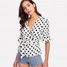 Ruffle Sleeve Polka Dot Wrap Top Spring Half Sleeve Polka Dot Ruffle Female Top Deep V Neck Slim Fit