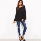 Fashion Women Vintage Women Shirts High Fashion Black Bell Sleeve Cutout Back Babydoll Blouse