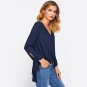 Navy V Neck Self Tie Sleeve Wrap Cute Blouse 2017 Fall Long Sleeve Plain Blouse With Bow Womens Casu