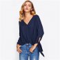 Navy V Neck Self Tie Sleeve Wrap Cute Blouse 2017 Fall Long Sleeve Plain Blouse With Bow Womens Casu