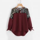 Floral Embroidered Lace Panel High Low Tie Cuff Blouse 2017 Round Neck Patchwork Long Sleeve Casual 