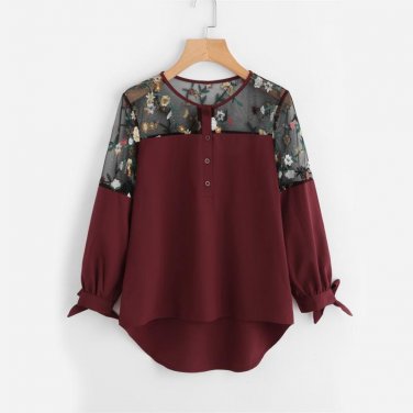 Floral Embroidered Lace Panel High Low Tie Cuff Blouse 2017 Round Neck Patchwork Long Sleeve Casual 
