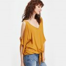 Women Blouses Mustard Cold Shoulder Elegant V Neck Summer Tops Knot Front Casual Clothing 2017 Fashi