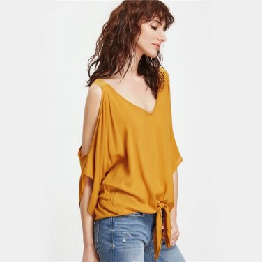 Women Blouses Mustard Cold Shoulder Elegant V Neck Summer Tops Knot Front Casual Clothing 2017 Fashi