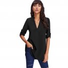 Fashion Rolled Sleeve High Low Blouse Ladies Black V Neck 3/4 Sleeve Dip Hem Plain Top 2017 Casual F