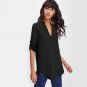 Fashion Rolled Sleeve High Low Blouse Ladies Black V Neck 3/4 Sleeve Dip Hem Plain Top 2017 Casual F