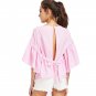Open Back Blouse Shirt Women Pink Self Tie Kimono Sleeve Sexy Striped Summer Tops 2017 Fashion Cut O