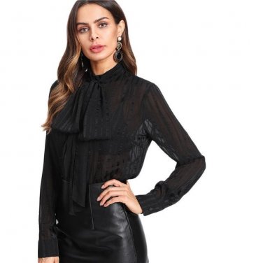 Black Tie Neck Bow Semi Sheer Striped Top Women Stand Collar Long Sleeve Plain Chiffon Blouse 2018 C