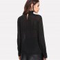 Black Tie Neck Bow Semi Sheer Striped Top Women Stand Collar Long Sleeve Plain Chiffon Blouse 2018 C
